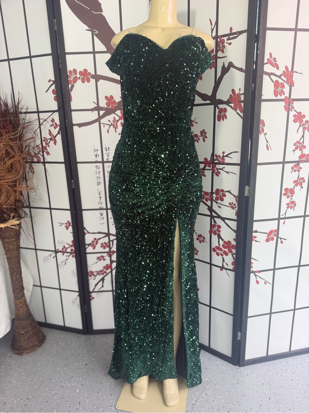 Off-Shoulder Emerald Green Sequin Prom Gown